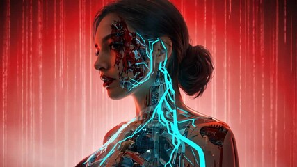 A futuristic cyberpunk-style zombie woman, half-transformed, with glowing neon veins and a red digital matrix background