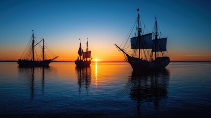 Fototapeta premium Three large ships are sailing in the ocean at sunset
