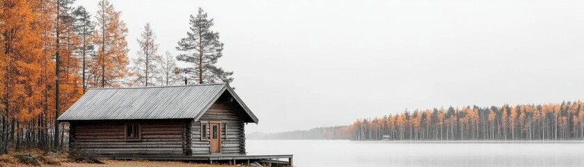 A serene lakeside scene featuring a rustic cabin surrounded by autumn trees, reflecting tranquility and nature's beauty.