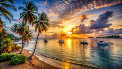 Island sunrise with sailboats in the bay, palm trees and sandy beach , ocean, nature,  ocean, nature, palm tree, island, landscape