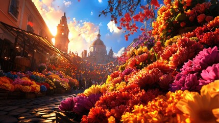 Fototapeta premium Vibrant Market Scene with Colorful Flowers Under Golden Sunset Sky