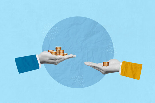 Income, Investment, economic inequality, profit and savings concept. Creative art collage of hands comparing two stacks of coins indicates different money people being paid