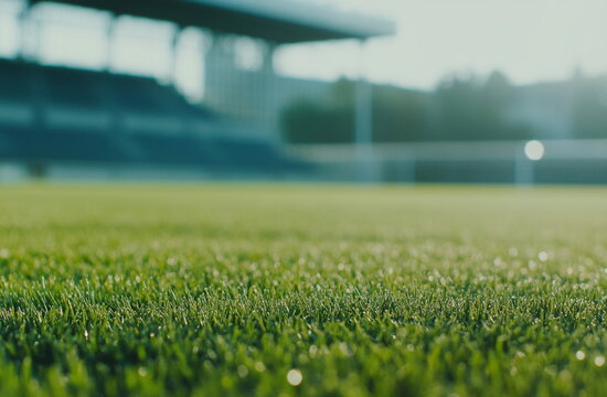 Football stadium grass with natural sunlight highlighting the vibrant green. A great sports background for game day, championships, and training.

