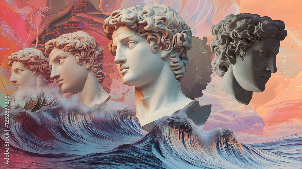 Poster vaporwave collage featuring sculptures and dynamic waves in a surreal setting. generative ai