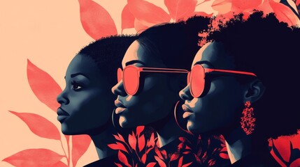 Fototapeta premium Three Black Women Portraits Red Floral Background