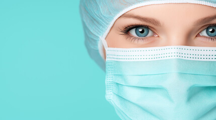 Focused Medical Professional: Close-up portrait of a female doctor or nurse wearing a surgical mask and cap, her intense blue eyes conveying focus and determination against a teal background. 