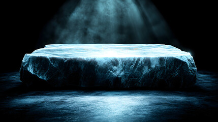 Massiver Eis-Monolith mit strukturierten Kanten und Spotlight auf dunklem Hintergrund  
