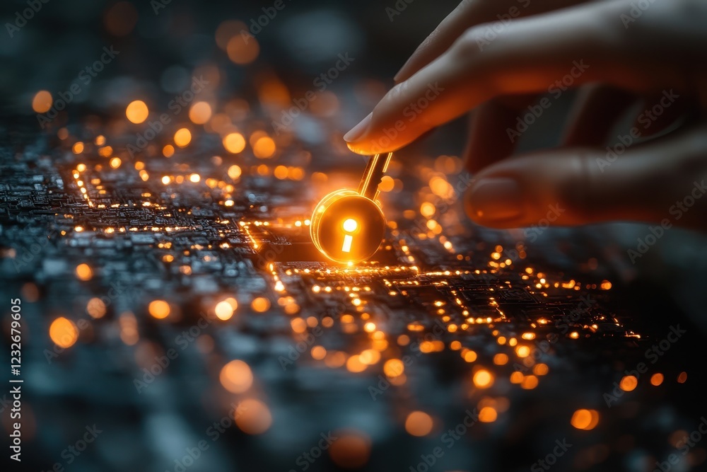 Poster digital security concept with a hand inserting a key into a glowing circuit board at night