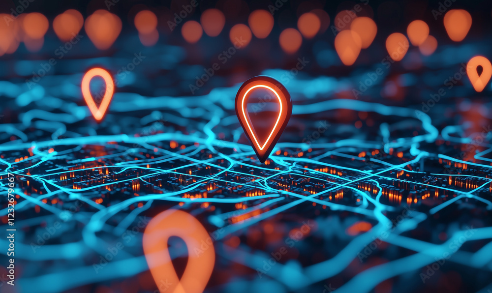 Poster vibrant digital map with illuminated location pins against a tech-inspired background.