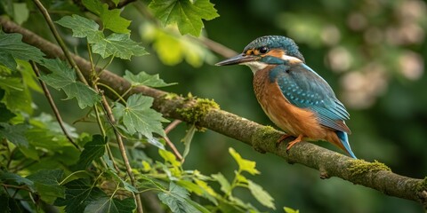 Fototapeta premium A vibrant kingfisher, portrait style, on a park branch.