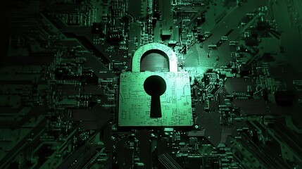 Digital Lock Symbol Over Circuit Board Background in Neon Green Light