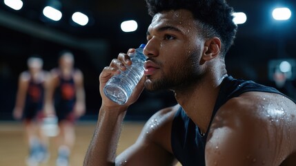 A man is drinking water while sitting on the court