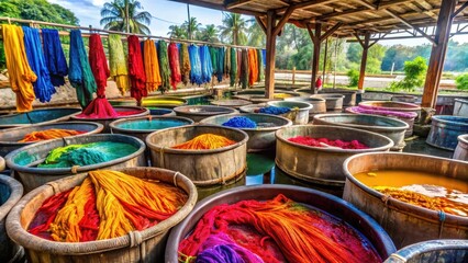 Fototapeta premium Colorful fabrics being immersed in large vats of dye on a rural farm setting