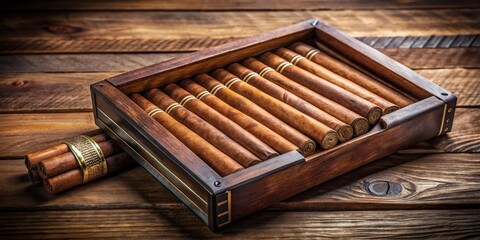 Luxury cigar box on a rustic wooden table with vintage Cuban cigars arranged neatly, classic style