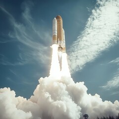 Rocket Launch: The Moment of Thrilling Takeoff and smoke trail against the twilight sky.
