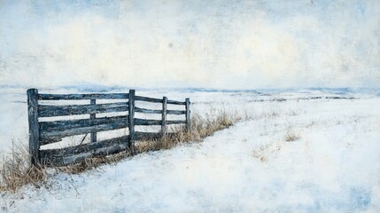 Snowy field, rustic fence, winter landscape, calm scene, rural postcard