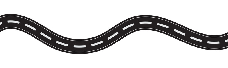 Winding road. Traveling along a curved highway. Background of the road to the horizon in perspective. Curvy asphalt empty line isolated vector concept. Vector winding road isolated on transparent back