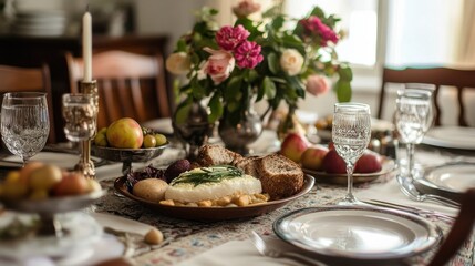 Elegant Table Setting with Cheese, Bread, and Fruit