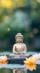 Fototapeta premium Buddha statue with lotus flowers floating on water surface. Zen garden. Meditation and harmony concept. Image for spiritual and wellness content. Banner with copy space.