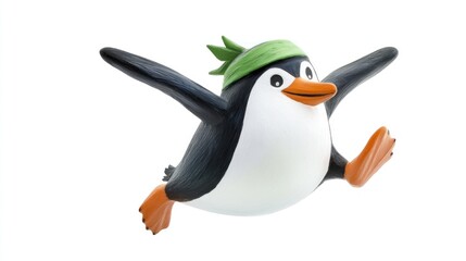 Fototapeta premium Flying penguin cartoon, winter sport, white background, fun mascot