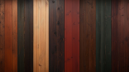 Fototapeta premium Stained Wood Panel Texture: A rich tapestry of stained wood planks in diverse colors creates a visually appealing and textured backdrop. Perfect for design projects or as a background image. 