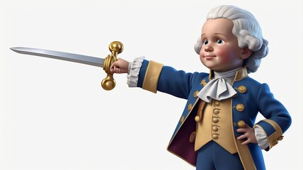 3D Rendered Cartoon Boy in 18th Century Royal Attire Holding a Sword