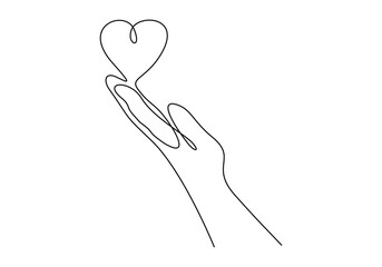 One continuous line art drawing of hands holding heart. Concept of love relationship symbol in simple linear style. Doodle vector illustration.