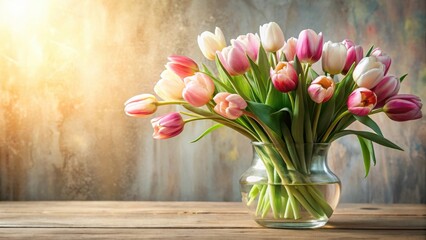 Freshly picked tulips in a delicate glass vase filled with soft light creating a romantic ambiance, beautiful bouquet flowers, home decor inspiration