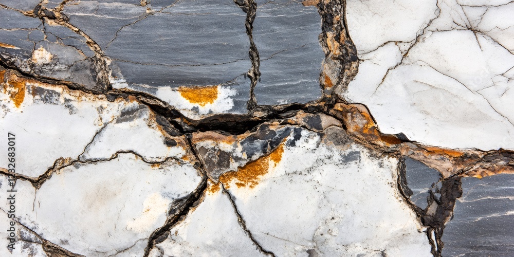 Poster close up view of cracked rock surface showing grunge texture and colors, creating an abstract and na