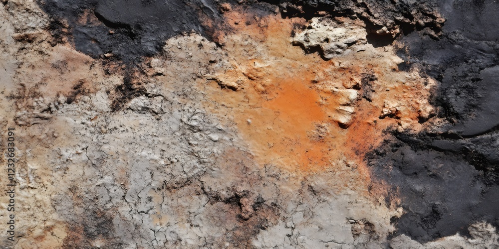 Poster close up view of grunge texture background revealing layers of soil and rocks in various colors, cre