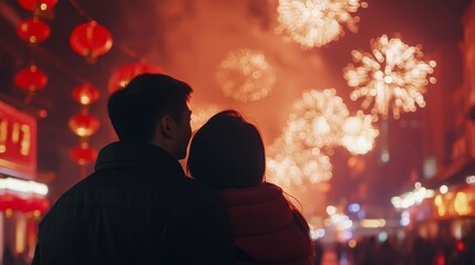 Silhouette Couple Watching Fireworks Display at Night City During Festive Celebration