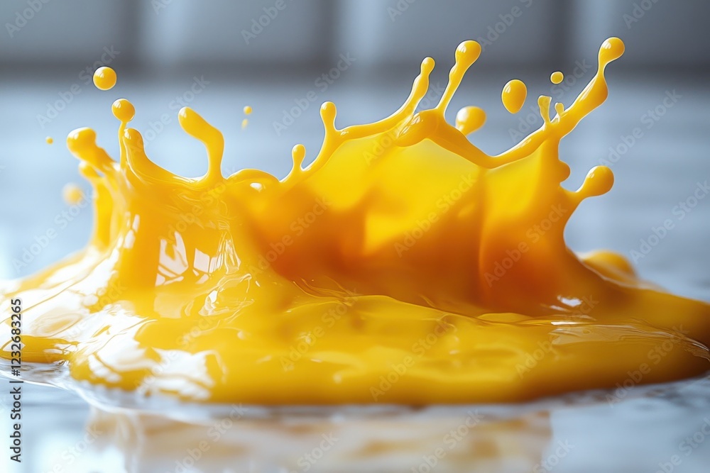 Poster bright yellow paint splashes dynamically across a smooth surface during an artistic creation process