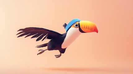Fototapeta premium Flying toucan wearing hat, pastel background, illustration