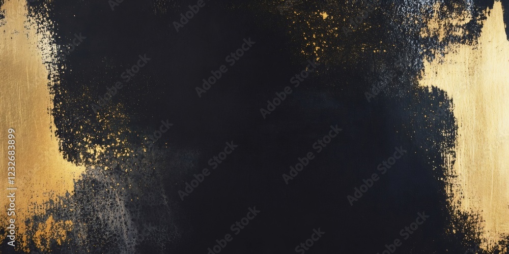 Poster gold paint is splattering on black grunge textured background creating an abstract and elegant desig