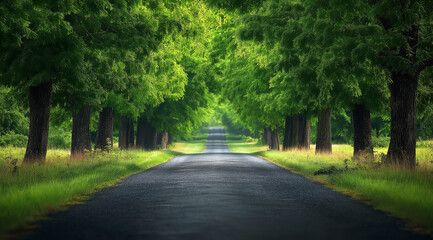 Obraz premium A straight road leading into the distance, flanked by dense green trees on both sides.