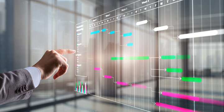 Project management. Chart for plan tasks and progress. Planning software. Corporate strategy finance, operations, sales, marketing