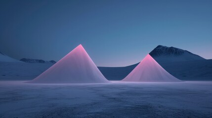 Stunning Landscape with Two Illuminated Pyramids in Snowy Terrain