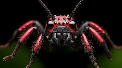 Fototapeta premium Red ant close-up, macro photography, dark background, nature study