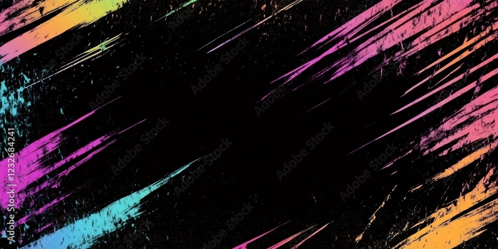 Poster colorful diagonal brush strokes overlapping dark background, generating grungy textural visual with 