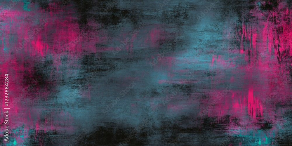 Poster grunge canvas displaying cyan magenta brush strokes, generating dynamic textural contrast against da