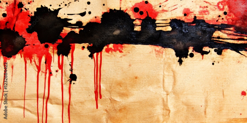 Poster red and black paint dripping on grunge cardboard texture background, creating an abstract and textur