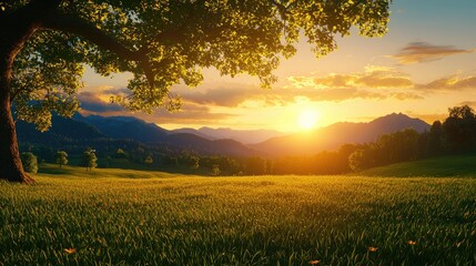 Obraz premium Serene Sunset Landscape with Majestic Mountains and Lush Fields
