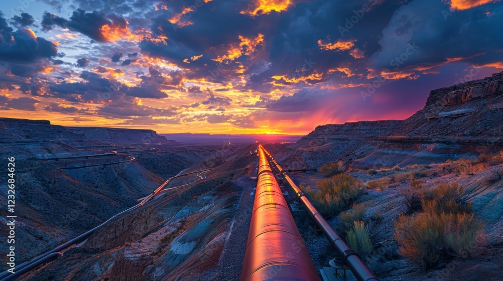 Poster Twilight illuminates a dramatic canyon as a long pipeline runs through the rugged terrain, creating a striking contrast against the colorful sky at sunset.