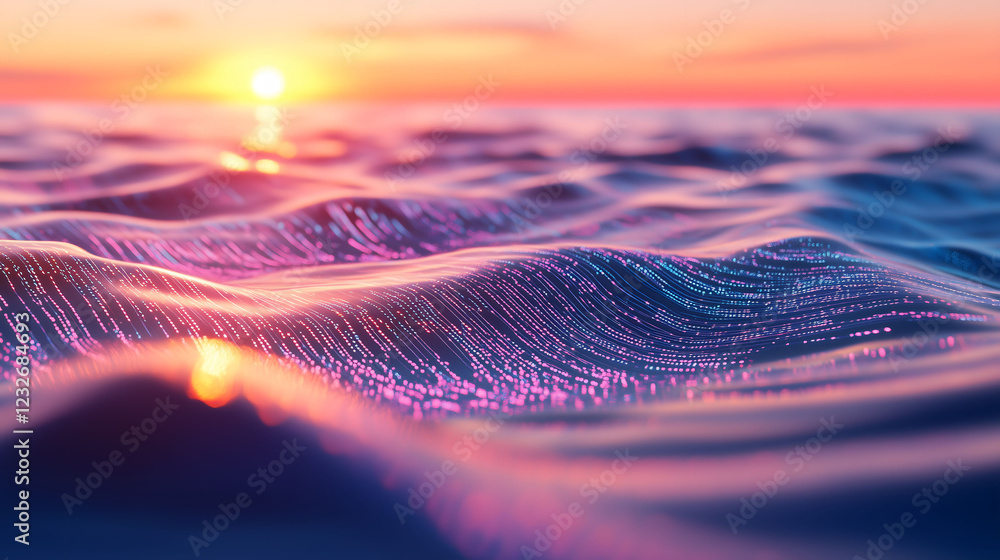 Poster conceptual visualization of a digital ocean filled with microchips during a sunset. generative ai