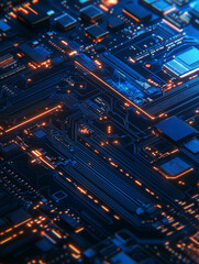 Obraz premium Circuitry Glow: A close-up of a complex electronic circuit board, bathed in a futuristic blue and orange glow. The intricate pathways and glowing components create a captivating visual.