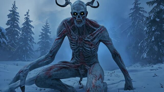 A skeletal, frost-covered Wendigo stalks the mountains, its elongated limbs blending with the icy branches. Its chilling howl echoes silent, foggy dawn, sending shivers down the spine