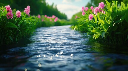 Fototapeta premium Serene Stream Surrounded by Vibrant Pink Flowers and Lush Greenery