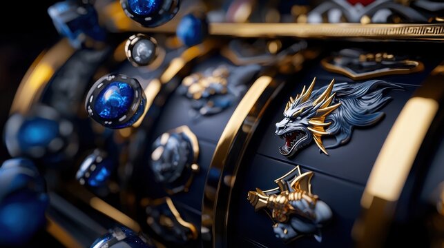A gold and blue slot machine with a dragon on it
