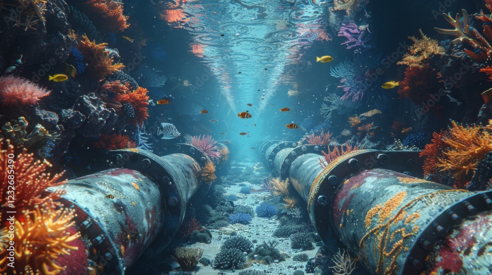 Poster brightly colored corals and diverse marine life are visible around large pipes on the ocean floor, c