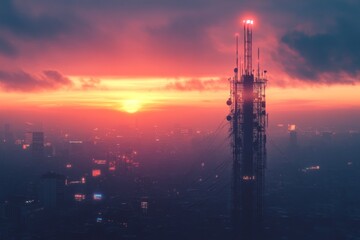 City skyline during vibrant sunset with silhouette of a tower